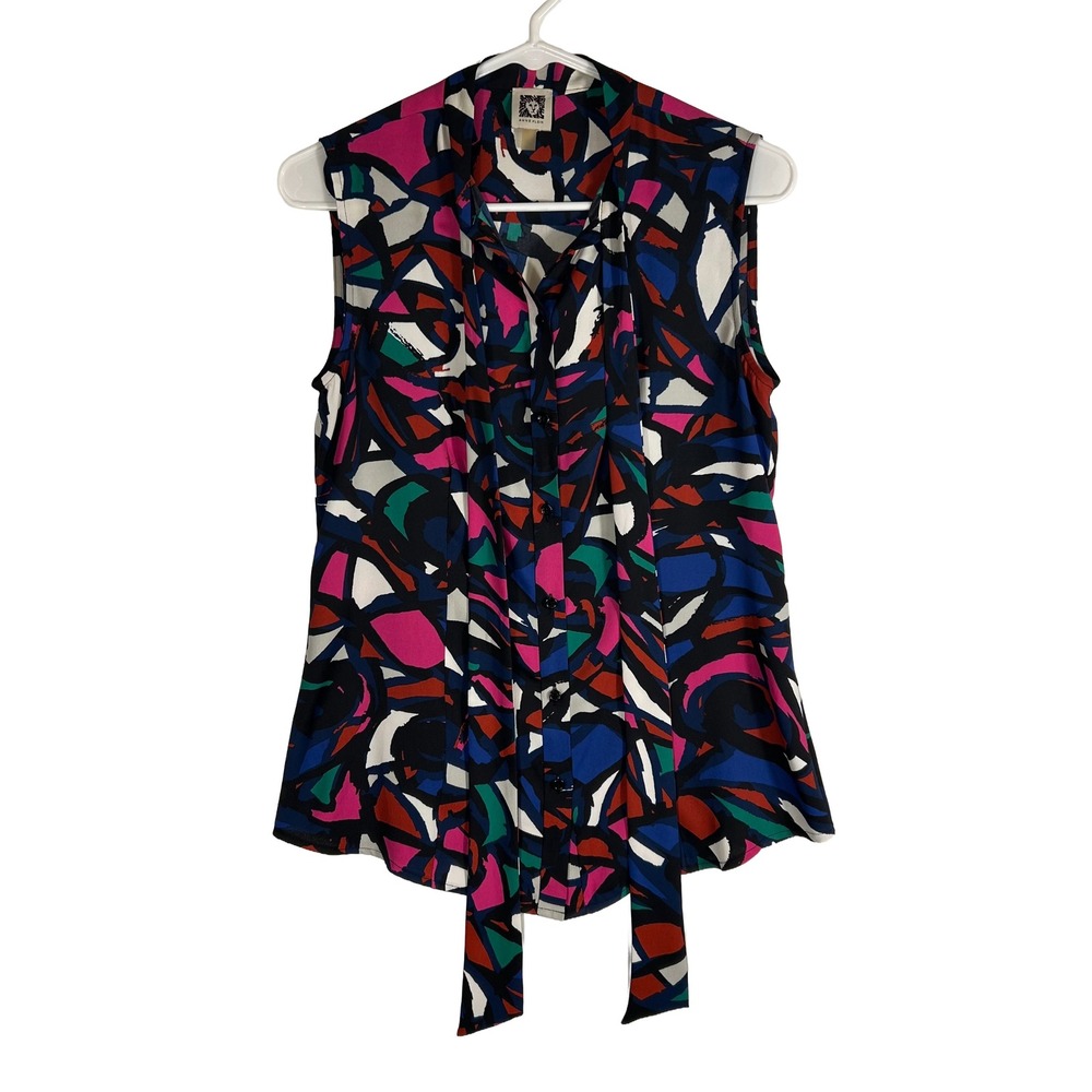 Anne Klein Womens Sleeveless Tie Neck Blouse Abstract Geometric Print Multicolor